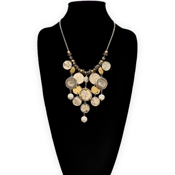 CHICO’S Mixed Metal Coin Statement Bib Necklace W Pearl & Crystal Accent | NEW - Picture 4 of 6